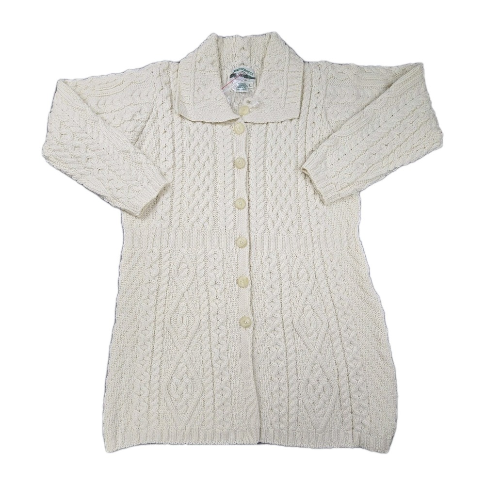 Aran Crafts Merino Wool‎ Cable Knit Cardigan Womens L Long Cream Ireland NWT